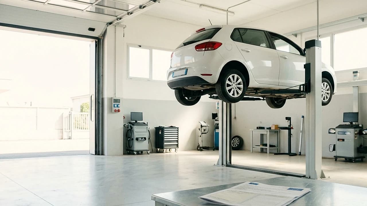 Auto su ponte sollevatore in un centro revisioni con carta di circolazione e documento d'identità pronti per revisione 2026
