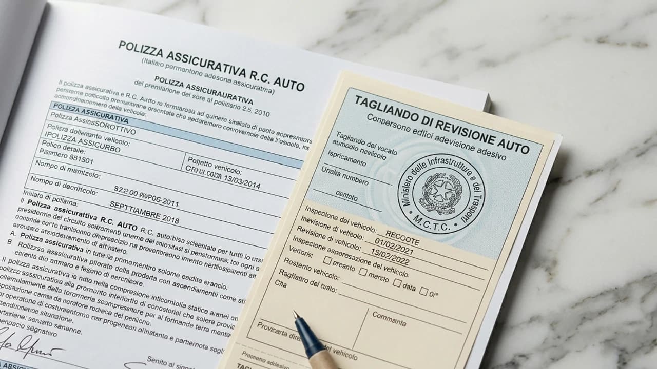 Documento polizza RCA e tagliando di revisione auto affiancati su piano chiaro, con penna appoggiata in diagonale