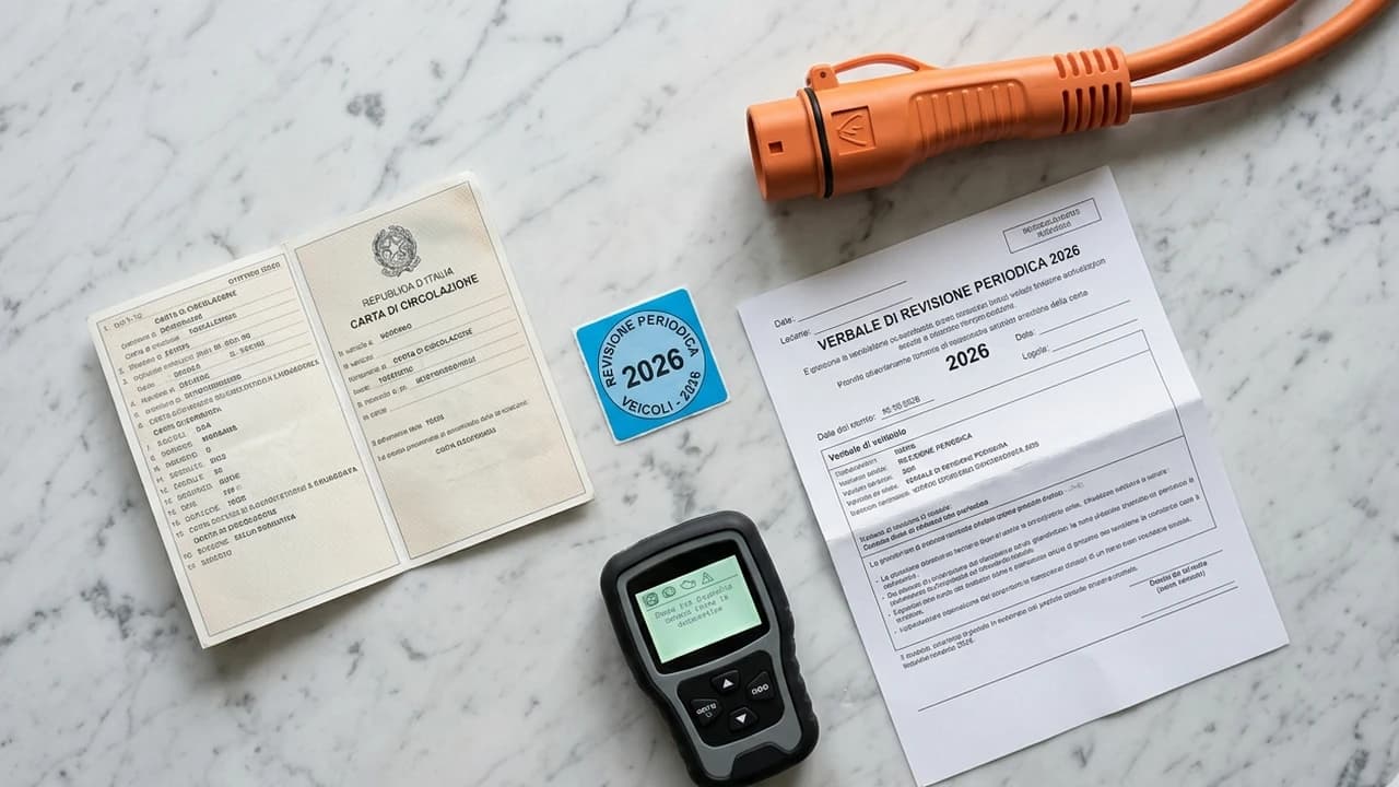 Auto elettrica su ponte sollevatore in officina autorizzata MCTC 2026, cavi alta tensione arancioni e tablet OBD per diagnosi batteria