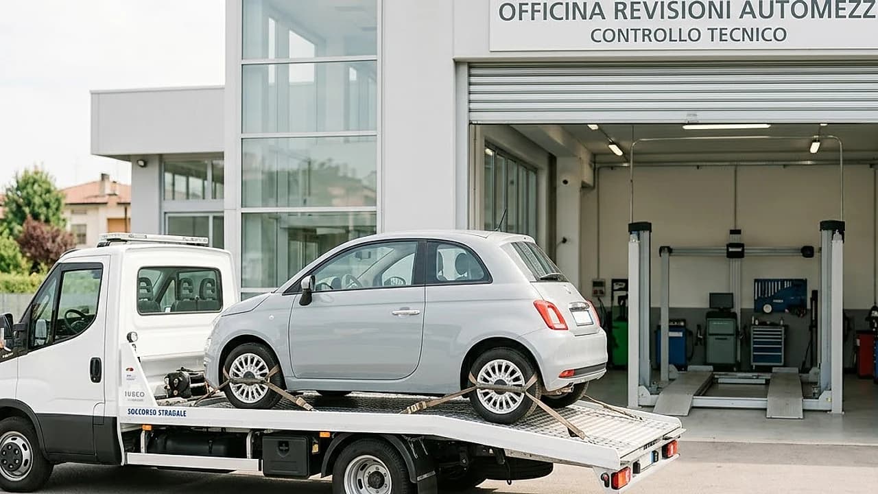 Auto sul pianale di un carro attrezzi davanti a un centro revisioni: revisione auto con fermo amministrativo