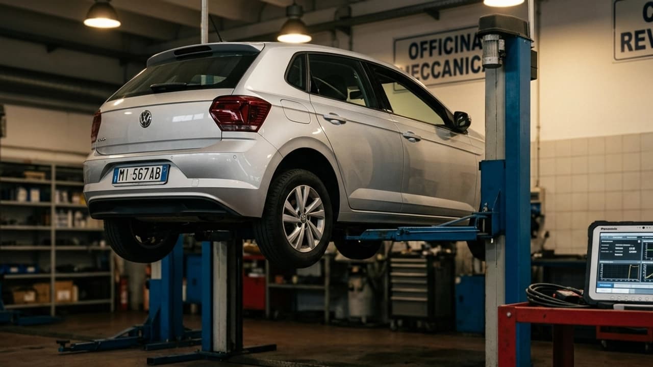 Auto sollevata su un ponte di sollevamento in un'officina di revisione, luce calda industriale, nessuna persona, pavimento in cemento visibile in primo piano