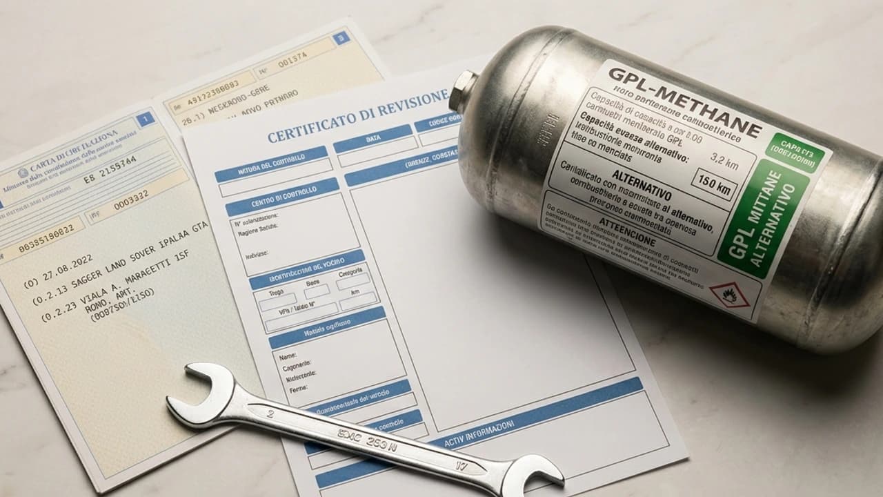 Libretto auto, certificato di revisione e bombola GPL-metano con chiave inglese su piano marmo 2026