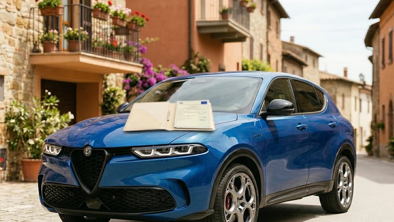 Auto europea con documenti di immatricolazione e certificato TÜV su sfondo chiaro — revisione auto importata in Italia 2026