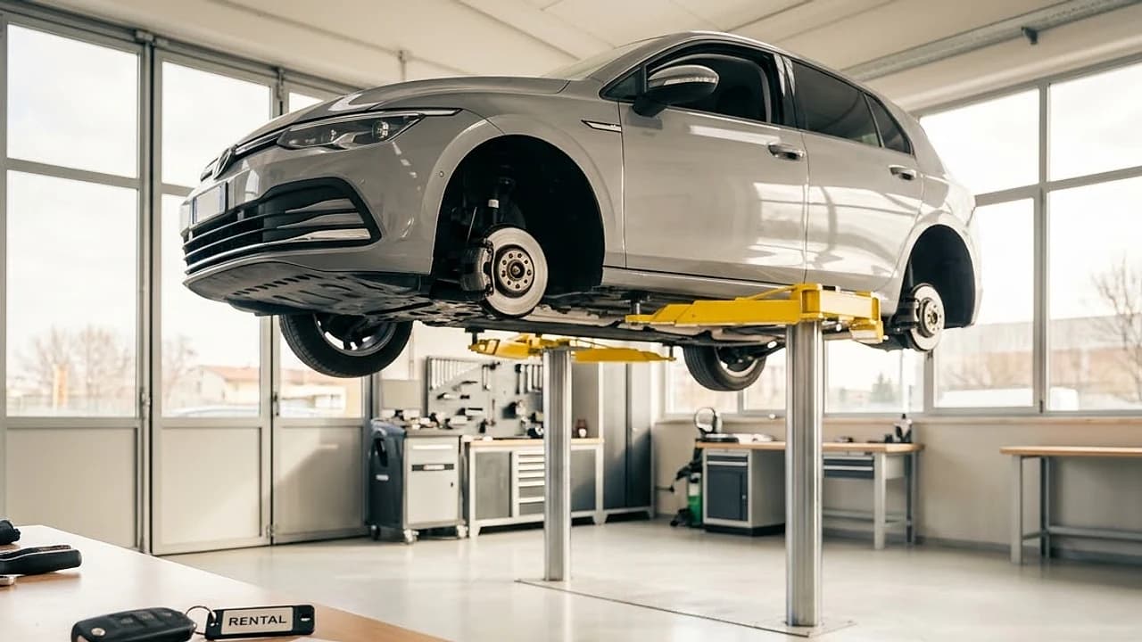Auto a noleggio a lungo termine su ponte sollevatore in officina per la revisione periodica 2026