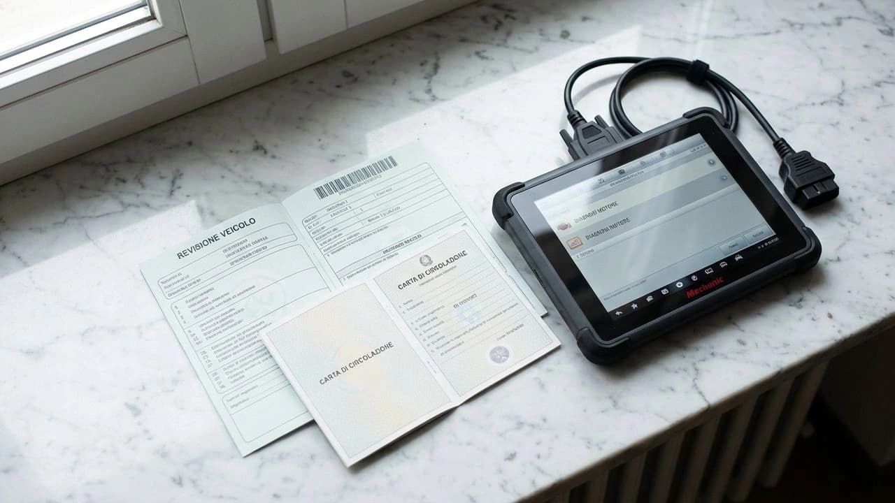 Libretto di circolazione e documento revisione auto su piano in marmo bianco con tool diagnostico, luce naturale (116 caratteri)