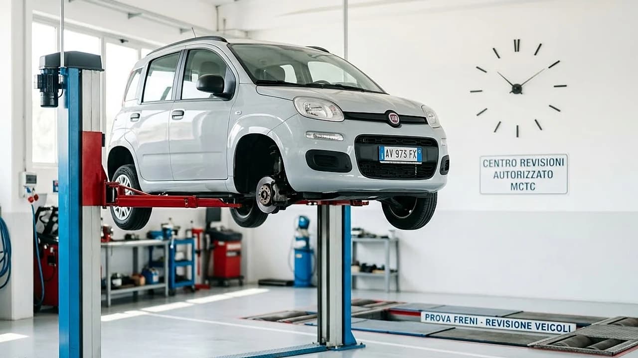 Auto su ponte di revisione in officina con orologio da parete, tempi della revisione auto dalla prova all'esito