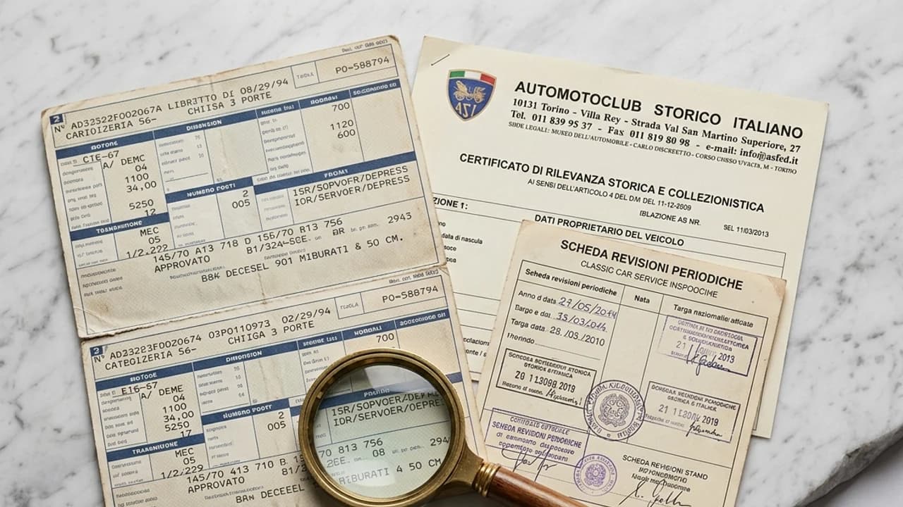 Libretto di circolazione e certificato ASI di un'auto storica italiana con timbro revisione e lente di ingrandimento, vista dall'alto