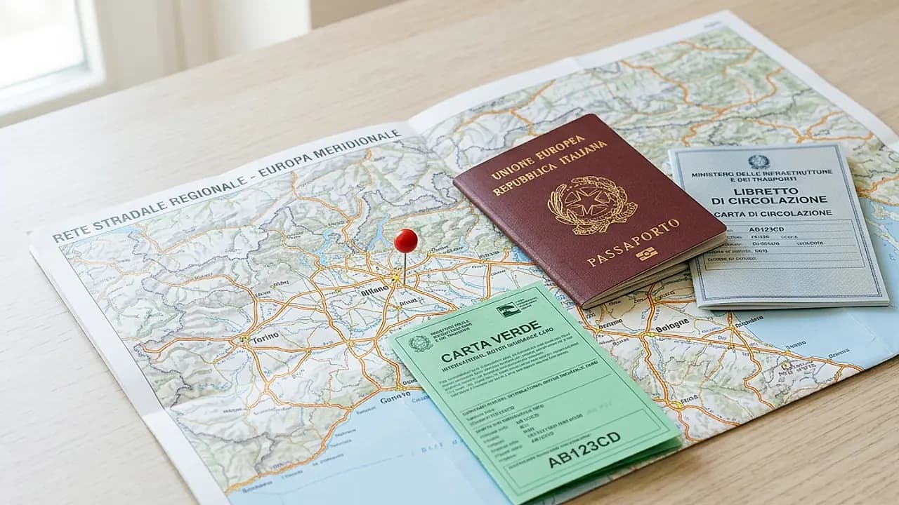 Passaporto, carta verde e Documento Unico su una mappa stradale europea per il viaggio auto all'estero 2026