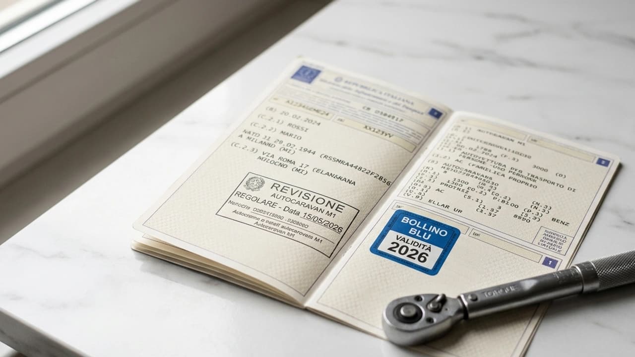 Carta di circolazione di autocaravan M1 con timbro revisione 2026 e bollino blu, accanto a chiave a tubo su superficie marmo bianco per controllo periodico camper e caravan