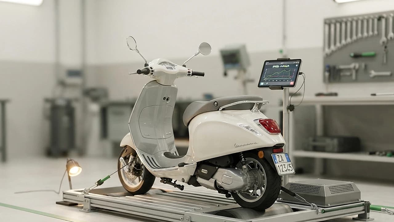 Scooter 50cc L1e su banco a rulli in officina autorizzata durante il test dinamico di revisione a 45 km/h.