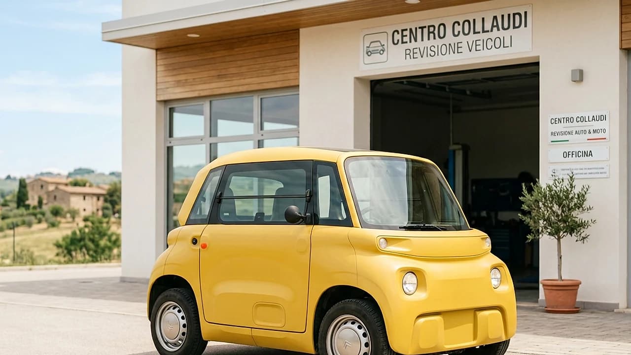 Microcar quadriciclo leggero L6e parcheggiata davanti a un centro di revisione autorizzato in una via italiana luminosa