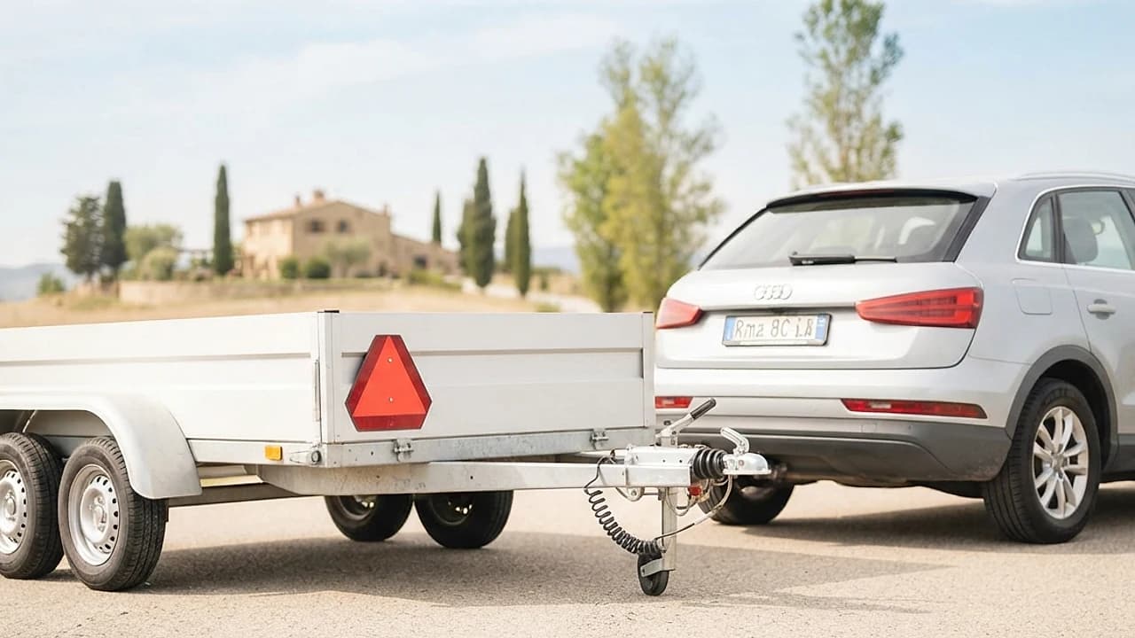 Rimorchio bianco a due assi agganciato a un SUV su una strada italiana, tema revisione rimorchi e carrelli appendice 2026.