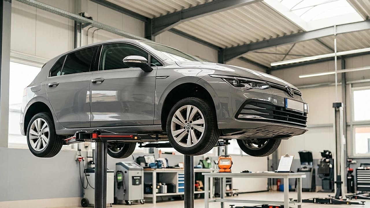 Auto su ponte sollevatore in un'officina della Motorizzazione durante una revisione straordinaria
