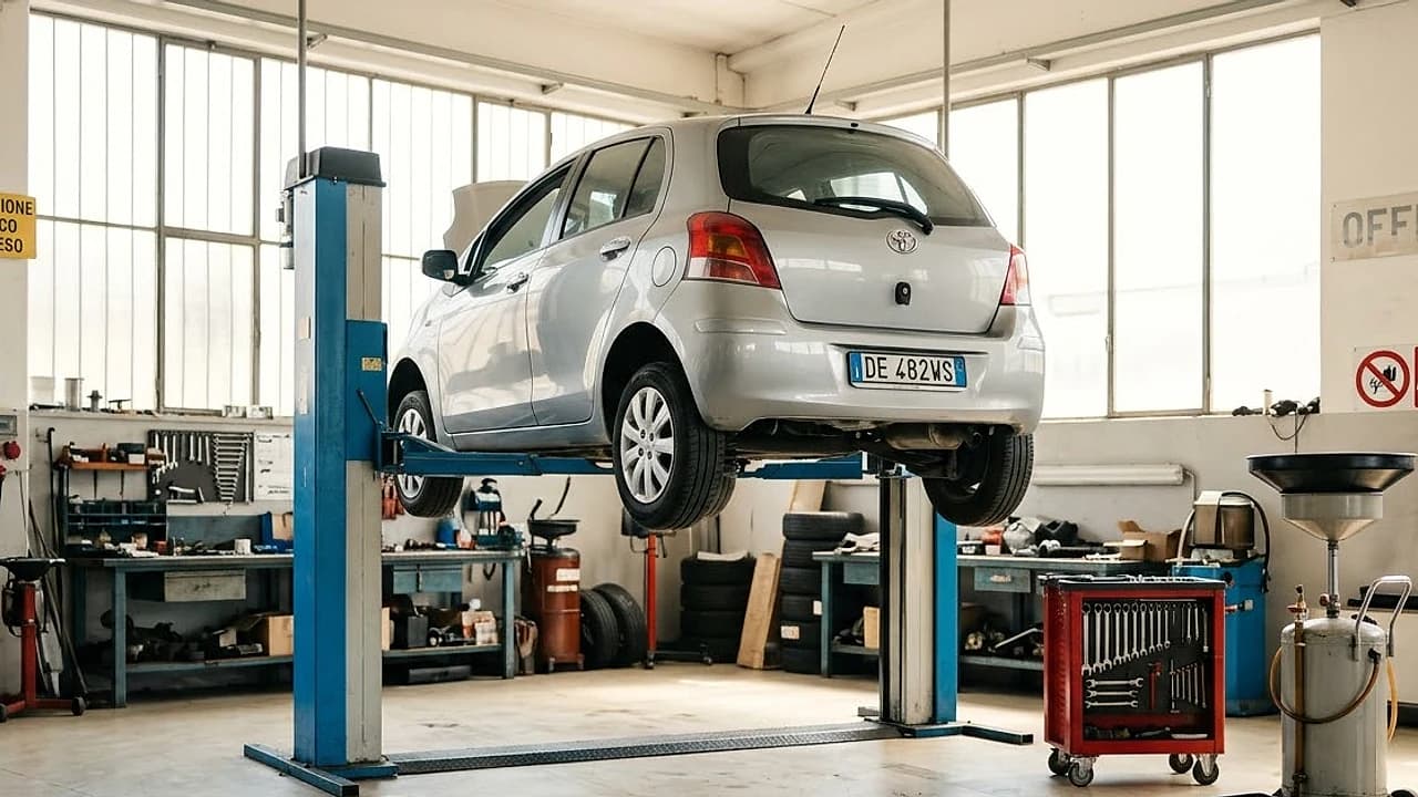 Auto su ponte sollevatore in officina per il tagliando, con la targa in primo piano che richiama la revisione obbligatoria