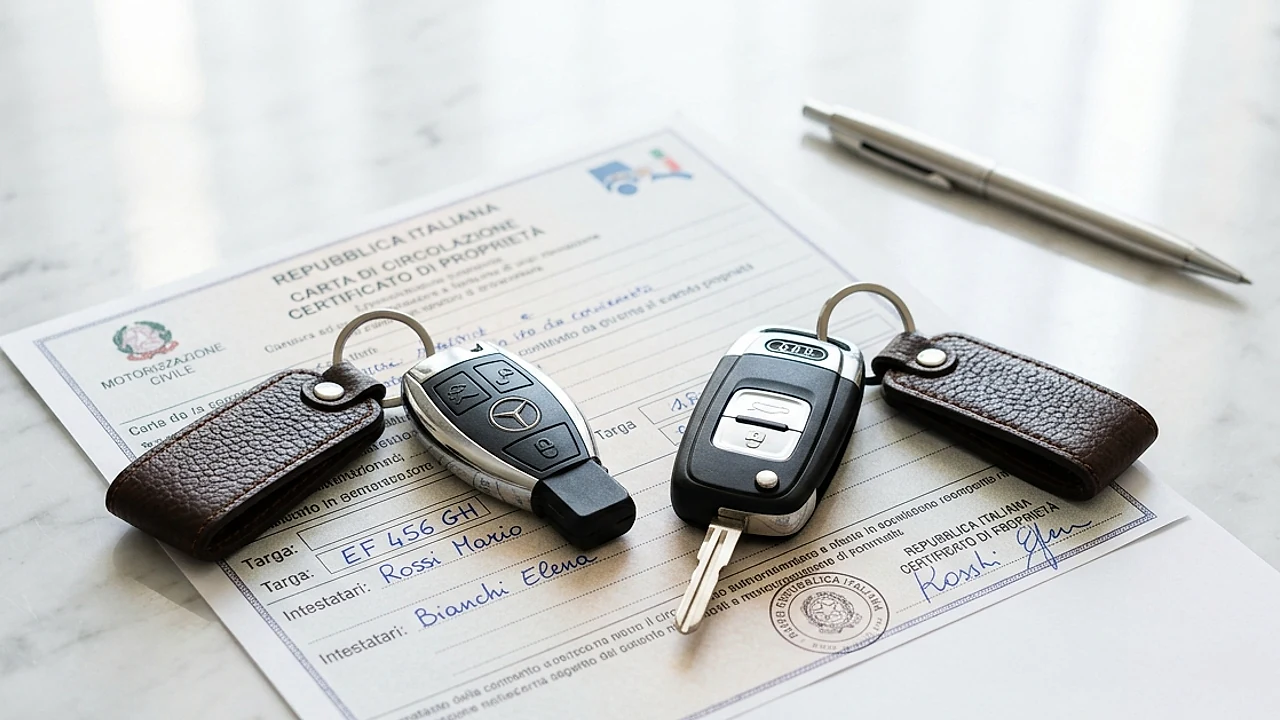 Due set di chiavi auto su un Documento Unico di Circolazione su scrivania chiara, concetto di auto cointestata al PRA