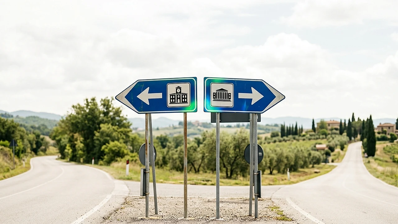 Bivio stradale con due cartelli, PRA-ACI e Motorizzazione Civile, che illustra la differenza tra i due registri auto nel 2026