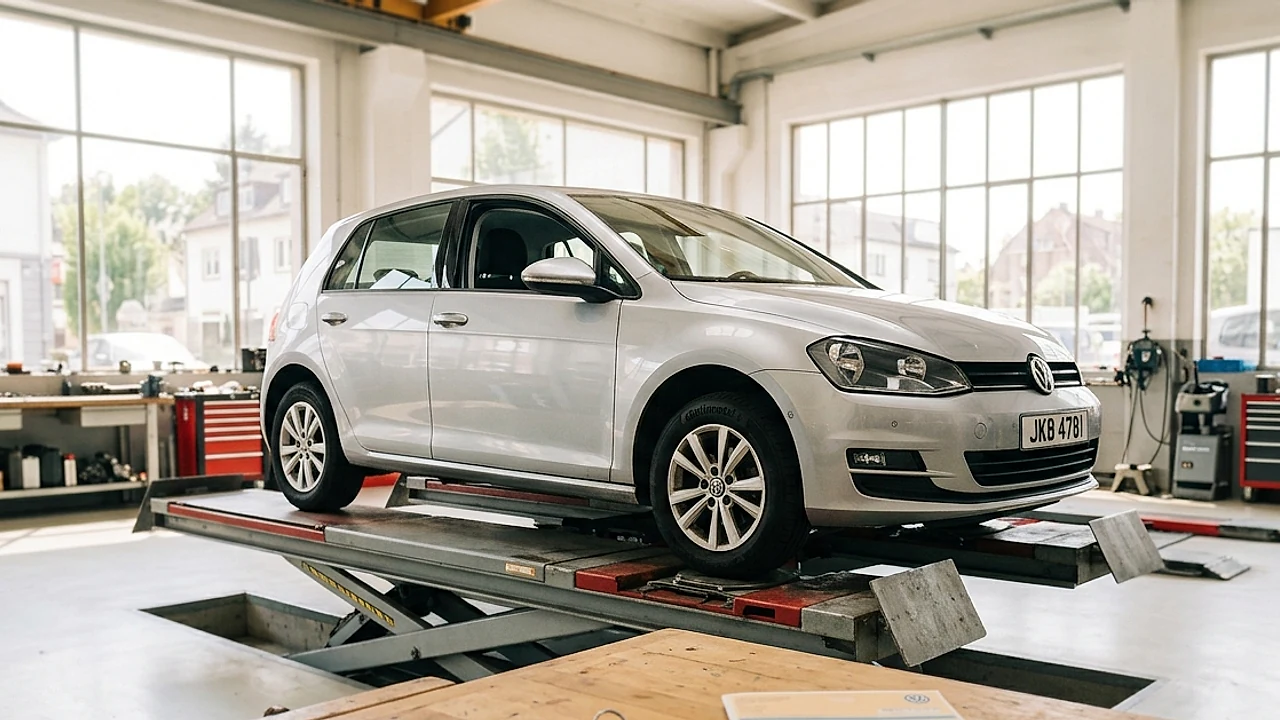 Auto usata in officina con revisione scaduta e documenti del passaggio di proprietà 2026 su un banco